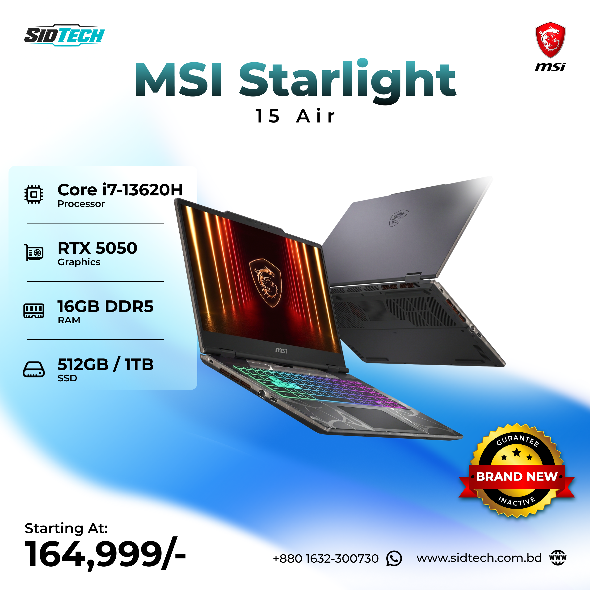 MSI Starlight 15 Air MSI Cyborg 15 Air Gaming Laptop – Intel Core i7-13620H, NVIDIA GeForce RTX 5050 8GB GDDR7 Laptop GPU, 16GB DDR5 RAM, 1TB PCIe 4.0 NVMe SSD, and a 15.6-inch 2.5K 165Hz IPS Display. Short Main Configuration - Image 1