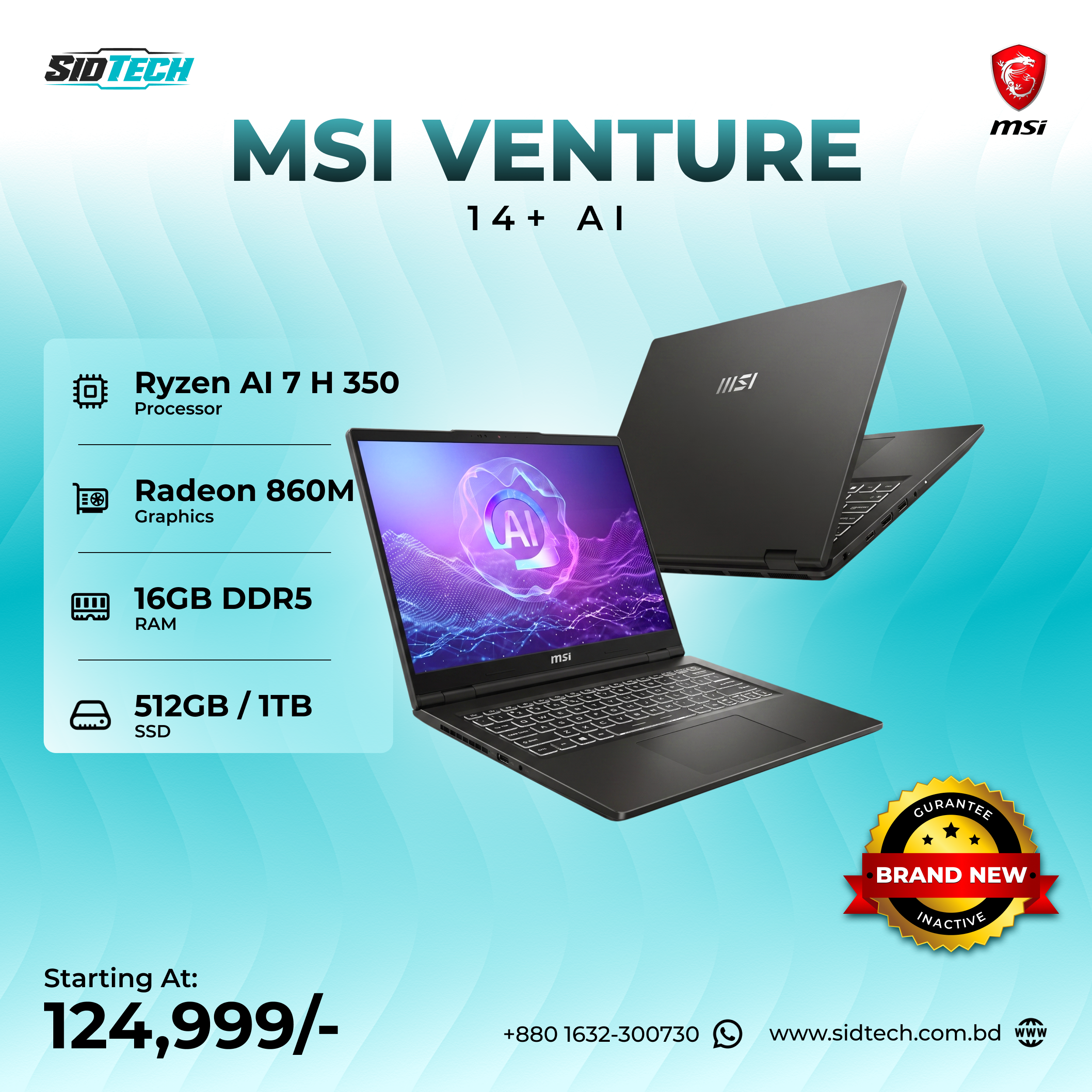 MSI VENTURE 14+ AI MSI Venture A14 AI+ A3HMG – AMD Ryzen AI 7 350, AMD Radeon 860M Graphics, 16GB DDR5 RAM, 512GB PCIe 4.0 NVMe SSD, and a 14-inch 2.8K 120Hz OLED Display. - Image 1